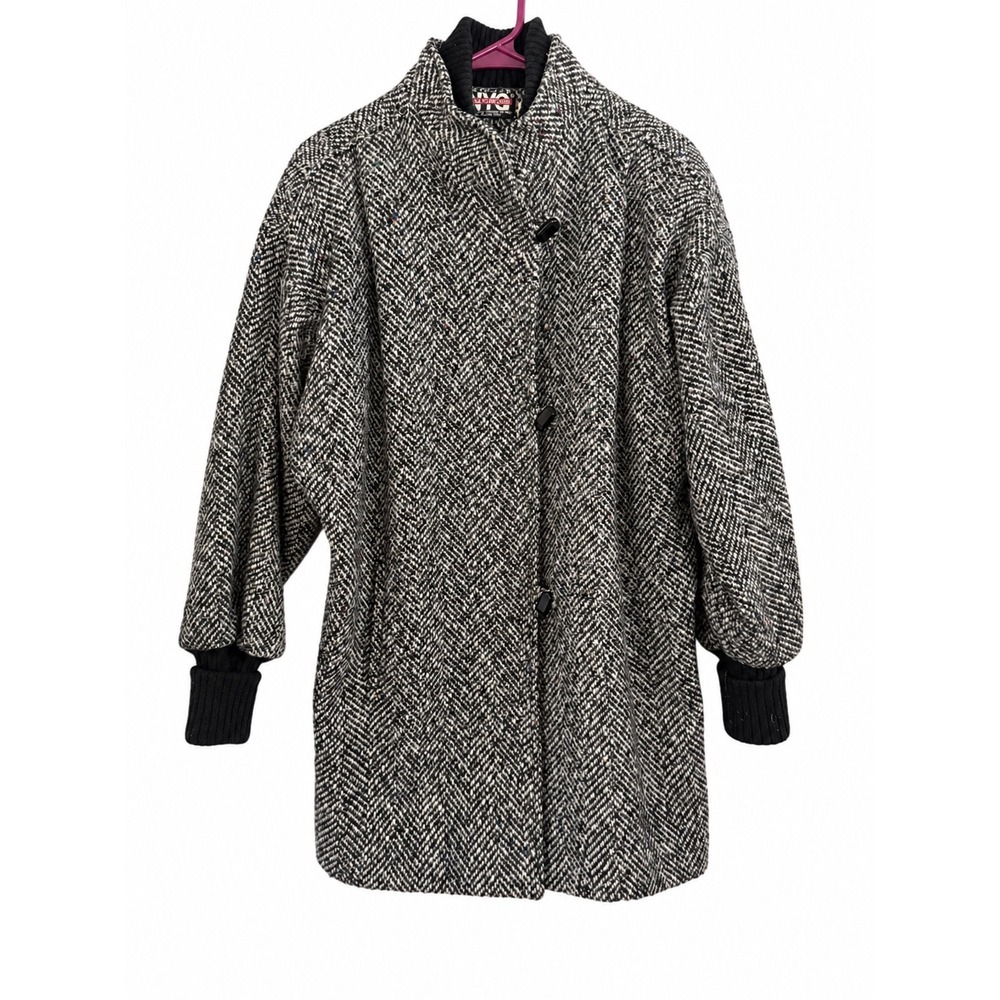 New York Girl vtg. size 8 Women's Herringbone Tweed Coat Black White rib Cuffs